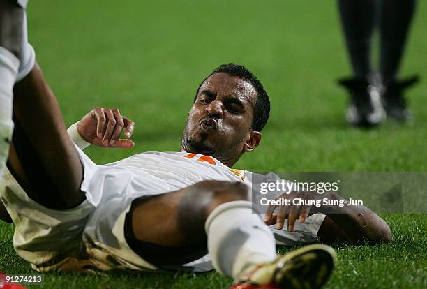Dahi Alnaami of Umm-Salal reacts during the AFC Champions League match between FC Seoul and Umm-Salal at Seoul World Cup Stadium on September 30,...