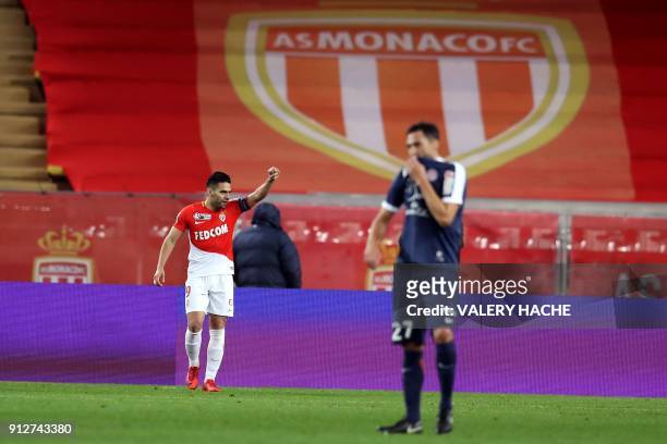 Monaco's Colombian forward Radamel Falcao celebrates after scoring goal during the French League Cup semi-final football match between Monaco and...