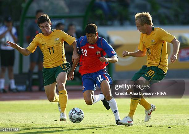 Cristian Gamboa of Costa Rica is tackled by Thomas Oar and Mitch Nichols of Australia during the FIFA U20 World Cup Group E match between Australia...