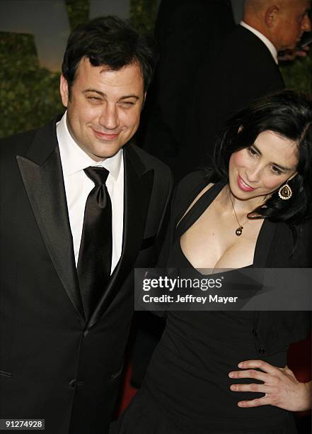 Host Jimmy Kimmel and comedian/actress Sarah Silverman arrive at the 2009 Vanity Fair Oscar Party Hosted By Graydon Carter at the Sunset Tower on...