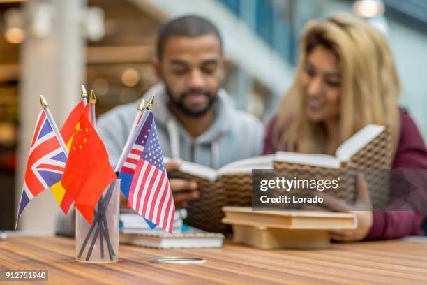 multi ethnic university adult student couple learning languages together in a study hall - idiomas imagens e fotografias de stock