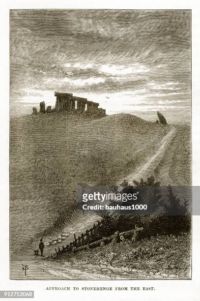 approach to stonehenge from the east engraving - megalith stock illustrations