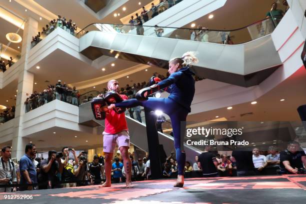 Flyweight contender Priscila Cachoeira of Brazil holds an open training session at Boulevard Belem Mall on January 31, 2018 in Belem, Brazil.