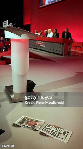 Copy of The Sun newspaper lies on the floor after Unite Union Joint General Secretary Tony Woodley tore it in two on stage at the Labour Party...
