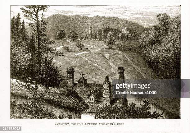 vespasian’s camp monastery in amesbury, england engraving - orchard landscape stock illustrations