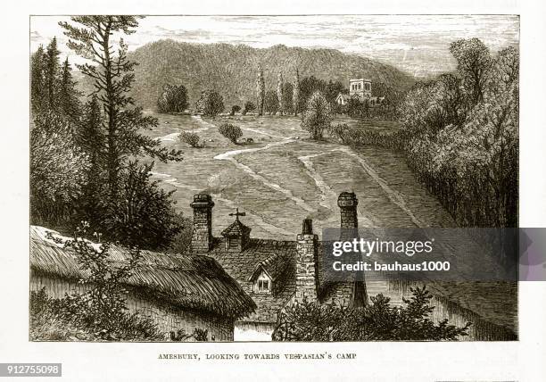 vespasian’s camp monastery in amesbury, england engraving - salisbury stock illustrations