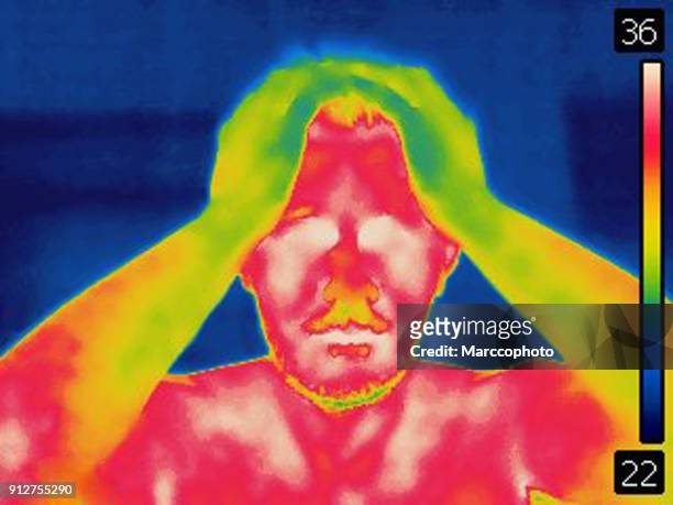 thermal image of man holding his head with arms - face arms stock pictures, royalty-free photos & images