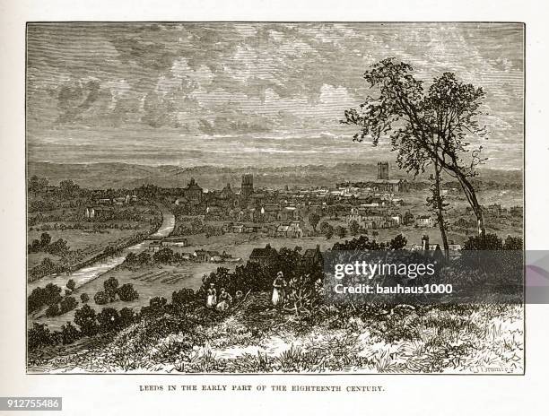 leeds, england in the early 18th century victorian engraving - leeds town stock illustrations