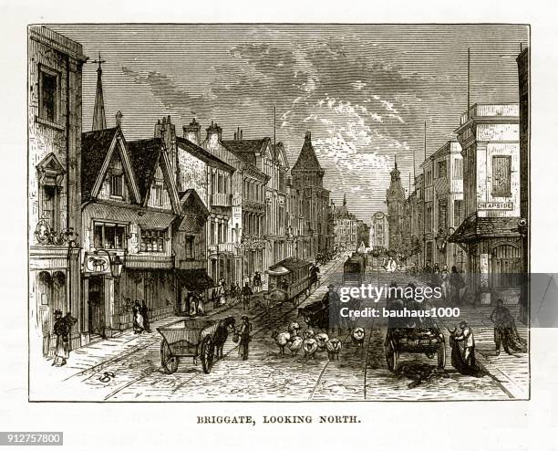 briggate, england looking north in the early 18th century victorian engraving - leeds stock illustrations