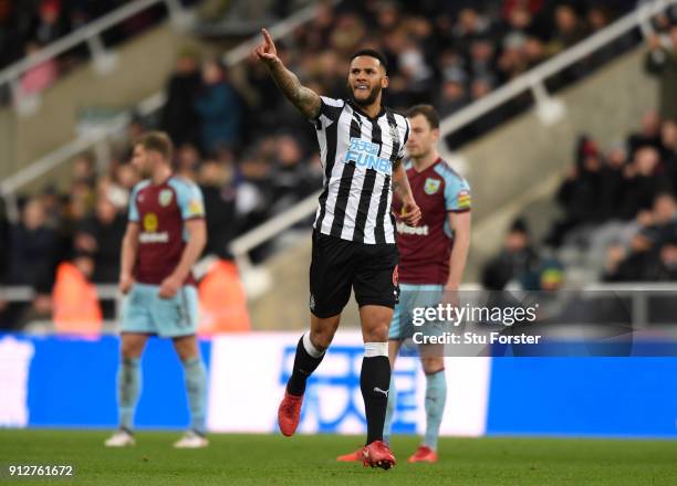 Jamaal Lascelles of Newcastle United celebrates after scoring his sides first goal during the Premier League match between Newcastle United and...