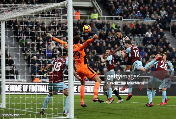 Jamaal Lascelles of Newcastle United scores his sides first goal during the Premier League match between Newcastle United and Burnley at St. James...