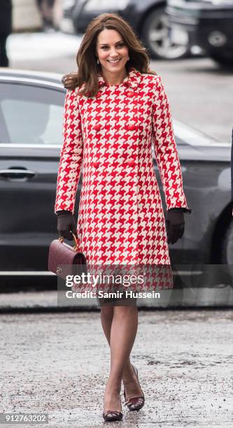 Catherine, Duchess of Cambridge visit sthe Karolinska Institute to meet with academics and practitioners to discuss Swedens approach to managing...