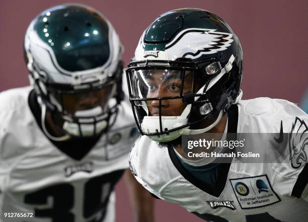 Jalen Mills of the Philadelphia Eagles looks on during Super Bowl LII practice on January 31, 2018 at the University of Minnesota in Minneapolis,...