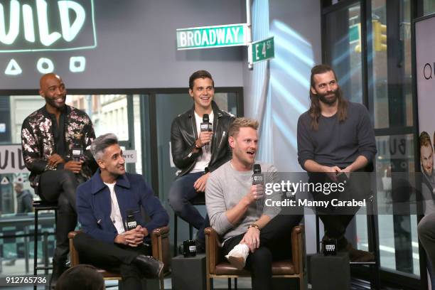 Backrow: Karamo Brown, Antoni Porowski, Jonathan Van Ness, front row: Tan France and Bobby Berk visit the Build Series at Build Studio on January 31,...