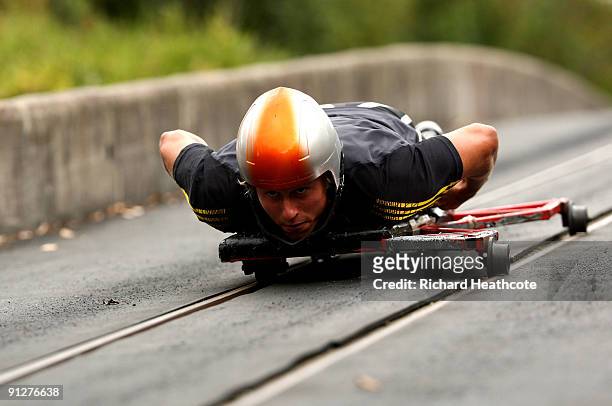 Ant Sawyer of the British Skeleton Team in action at the British Bobsleigh and Skeleton practice facility at Bath University on September 30, 2009 in...