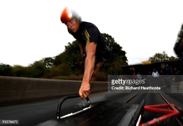 Ant Sawyer of the British Skeleton Team in action at the British Bobsleigh and Skeleton practice facility at Bath University on September 30, 2009 in...