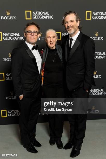 Bryan Burk, Jane Goodall and Brett Morgen arrive for the National Geographic 'An Evening Of Exploration', celebrating 130 years of National...