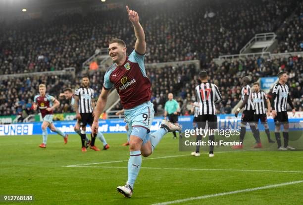Sam Vokes of Burnley celebrates after scoring his sides first goal during the Premier League match between Newcastle United and Burnley at St. James...