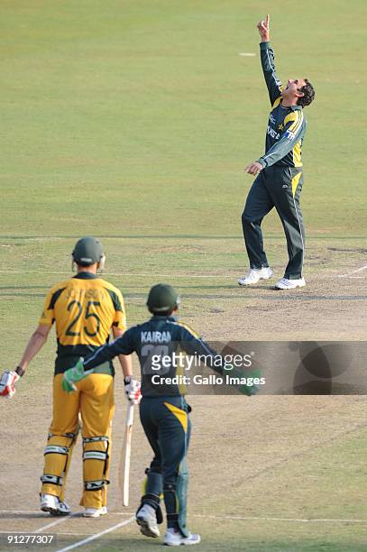 Saeed Ajmal of Pakistan celebrates the wicket of Mitchell Johnson of Australia during the ICC Champions Trophy match between Australia and Pakistan...