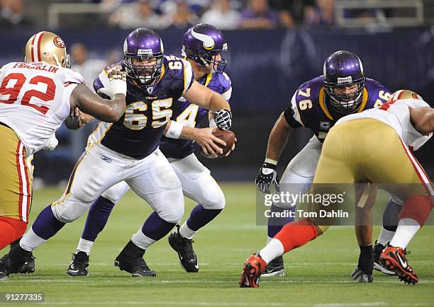 John Sullivan of the Minnesota Vikings sets up a block during an NFL game against the San Francisco 49ers at the Hubert H. Humphrey Metrodome, on...