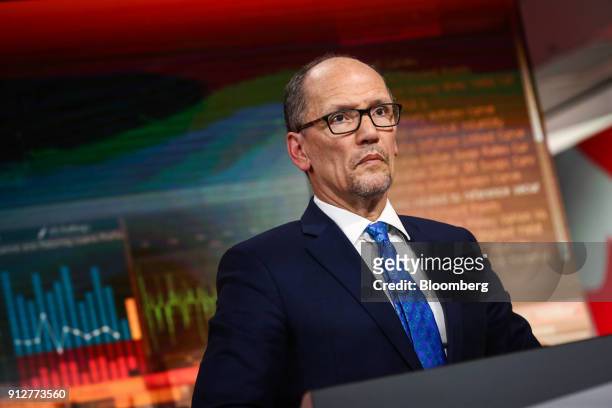 Tom Perez, chairman of the Democratic National Committee, listens during a Bloomberg Television interview in New York, U.S., on Wednesday, Jan. 31,...