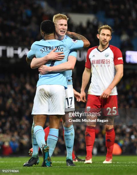 Kevin De Bruyne of Manchester City celebrates after scoring his sides second goal with Raheem Sterling of Manchester City during the Premier League...