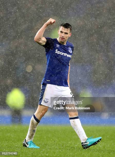 Seamus Coleman of Everton celebrates after the Premier League match between Everton and Leicester City at Goodison Park on January 31, 2018 in...