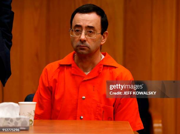 Former Michigan State University and USA Gymnastics doctor Larry Nassar listens during the sentencing phase in Eaton, County Circuit Court on January...