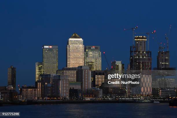 View of the major UK financial district of Canary Wharf as the sun sets, London on January 31, 2018. The Bank of England, seeking to protect the City...