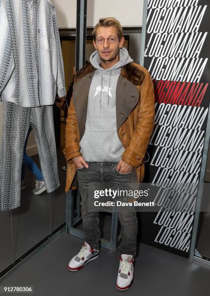 Leo Gregory attends a private view of 'Super Sharp' at the Fashion Space Gallery, London College Of Fashion, on January 31, 2018 in London, England.