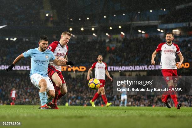 Sergio Aguero of Manchester City scores a goal to make it 3-0 during the Premier League match between Manchester City and West Bromwich Albion at...