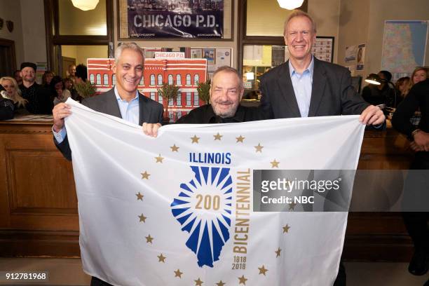100th Episode Celebration" -- Pictured: Rahm Emanuel, Mayor of Chicago; Dick Wolf, Series Creator and Executive Producer; Bruce Rauner, Governor of...