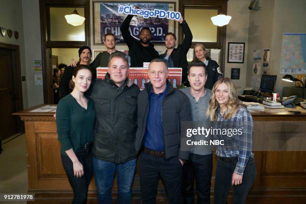 100th Episode Celebration" -- Pictured: Front Row: Marina Squerciati, Brian Luce, Technical Advisor and Associate Producer; Jason Beghe, Jon Seda,...