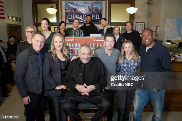 100th Episode Celebration" -- Pictured: Front Row: Jason Beghe, Jennifer Salke, President, NBC Entertainment; Dick Wolf, Series Creator and Executive...
