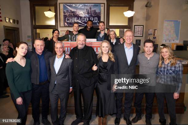 100th Episode Celebration" -- Pictured: Front Row: Marina Squerciati, Jason Beghe, Rahm Emanuel, Mayor of Chicago; Dick Wolf, Series Creator and...