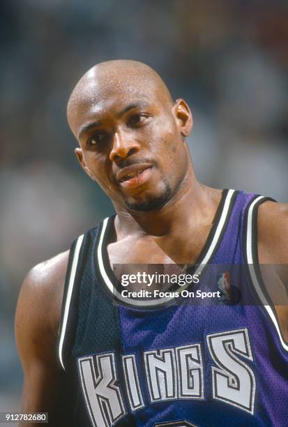 Mitch Richmond of the Sacramento Kings looks on against the Utah Jazz during an NBA basketball game circa 1990 at the Salt Palace in Salt Lake City,...