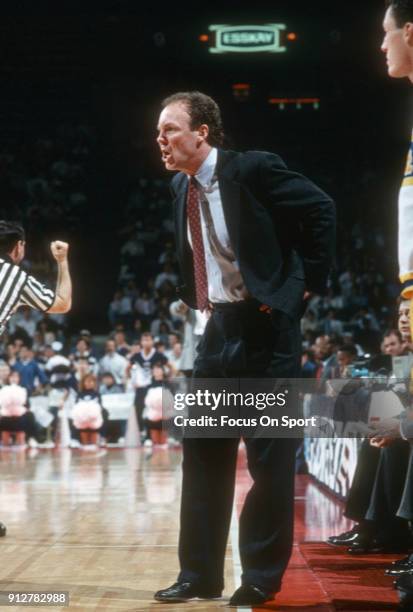 Head coach Paul Evans of Navy Midshipmen looks on during an NCAA College basketball game circa 1980. Evans coached at the Naval Academy from 1980-86.