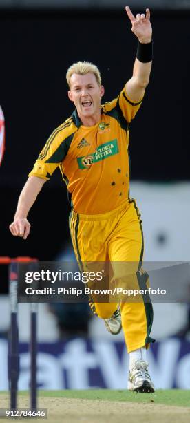 Brett Lee of Australia celebrates after dismissing England's Andrew Strauss during the 1st NatWest Series One Day International between England and...