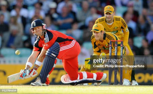 England batsman Matt Prior attempts the sweep shot during the 1st NatWest Series One Day International between England and Australia at The Oval,...