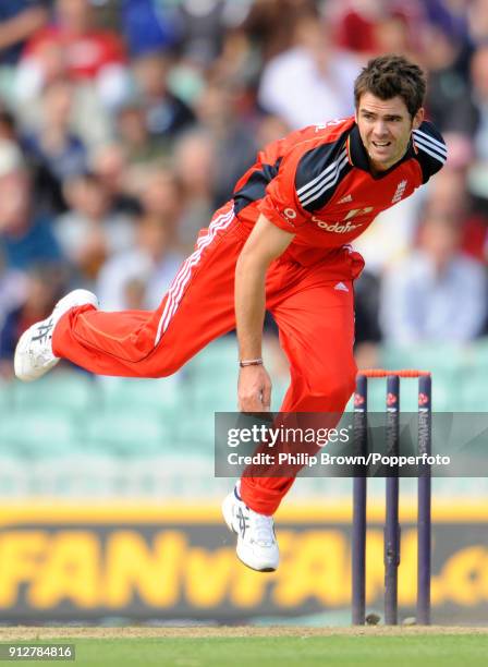 James Anderson bowling for England during the 1st NatWest Series One Day International between England and Australia at The Oval, London, 4th...