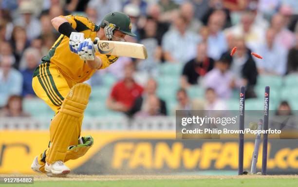 Mike Hussey of Australia is bowled for 20 during the 1st NatWest Series One Day International between England and Australia at The Oval, London, 4th...