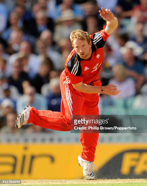 Paul Collingwood bowling for England during the 1st NatWest Series One Day International between England and Australia at The Oval, London, 4th...