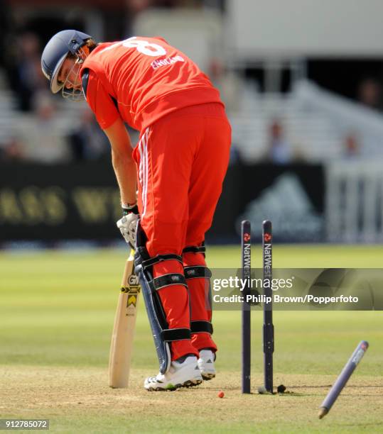 England batsman Stuart Broad is bowled for 29 by Australia's Brett Lee during the 4th NatWest Series One Day International between England and...