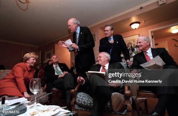 Vice Presidential candidate Dick Cheney with his wife Lynne Cheney, former Treasury Secretary Nicholas Brady, former Wyoming Senator Alan Simpson,...