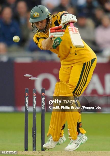 Callum Ferguson of Australia is bowled for 6 runs in the 6th NatWest Series One Day International between England and Australia at Trent Bridge,...