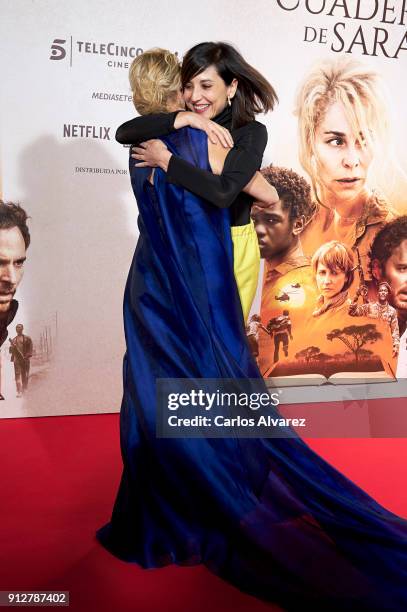 Actresses Belen Rueda and Marian Alvarez attend 'El Cuaderno De Sara' premiere at the Capitol cinema on January 31, 2018 in Madrid, Spain.