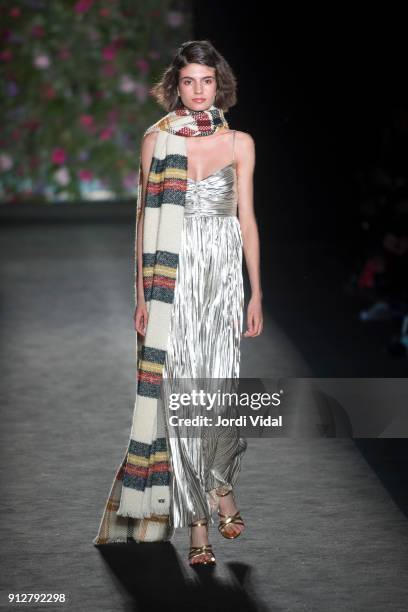 Model walks the runway for Naulover during Barcelona 080 Fashion Week at Hospital Sant Pau on January 31, 2018 in Barcelona, Spain.