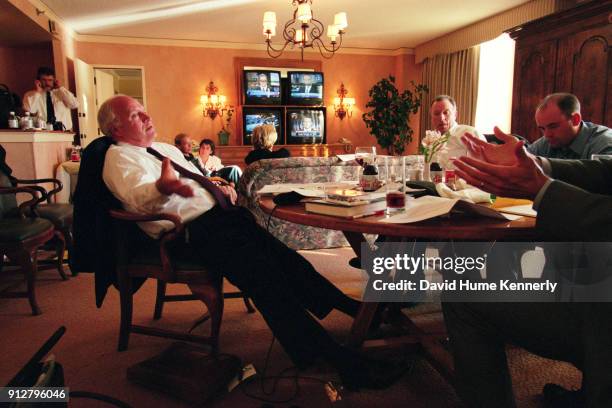 The morning after the election Vice presidential candidate Dick Cheney talks with campaign advisers, including Scooter Libby, in his suite at the...