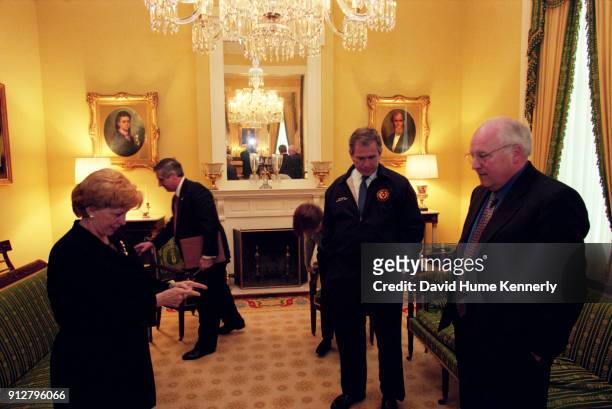 Lynne Cheney with George W Bush, campaign adviser Andrew Card, and Dick Cheney at the Texas Governor's Mansion the morning after the election that...