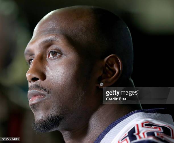 Devin McCourty of the New England Patriots speaks to members of the press during the New England Patriots Media Availability for Super Bowl LII at...